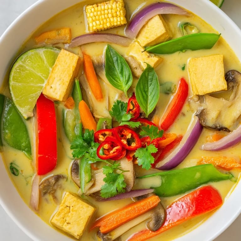 Aromatic Thai Green Curry Coconut Soup featuring tender tofu and a medley of fresh, colorful vegetables.