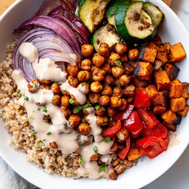 This healthy Roasted Chickpea Buddha Bowl features fluffy rice, creamy tahini, and flavorful roasted components.