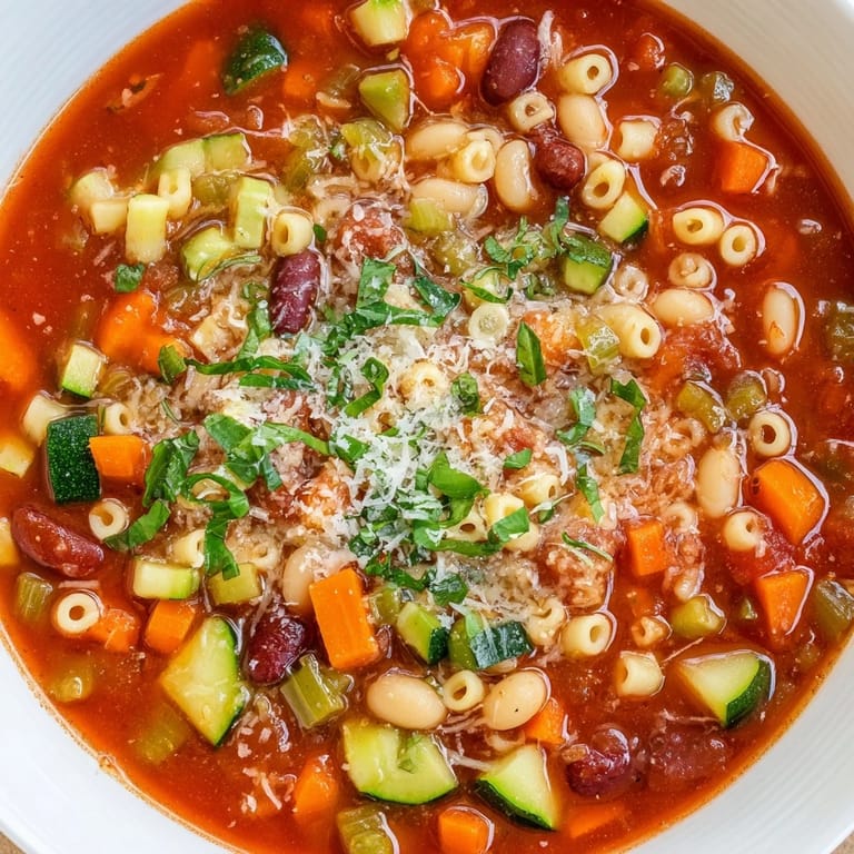Fragrant Tomato Basil Minestrone with fresh basil garnish, perfect for a cozy, comforting lunch.