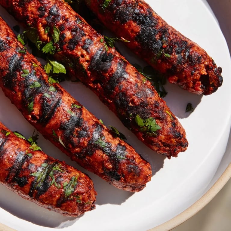 Close-up of freshly grilled Tunisian Merguez sausage, sizzling with vibrant spices, ready to savor.
