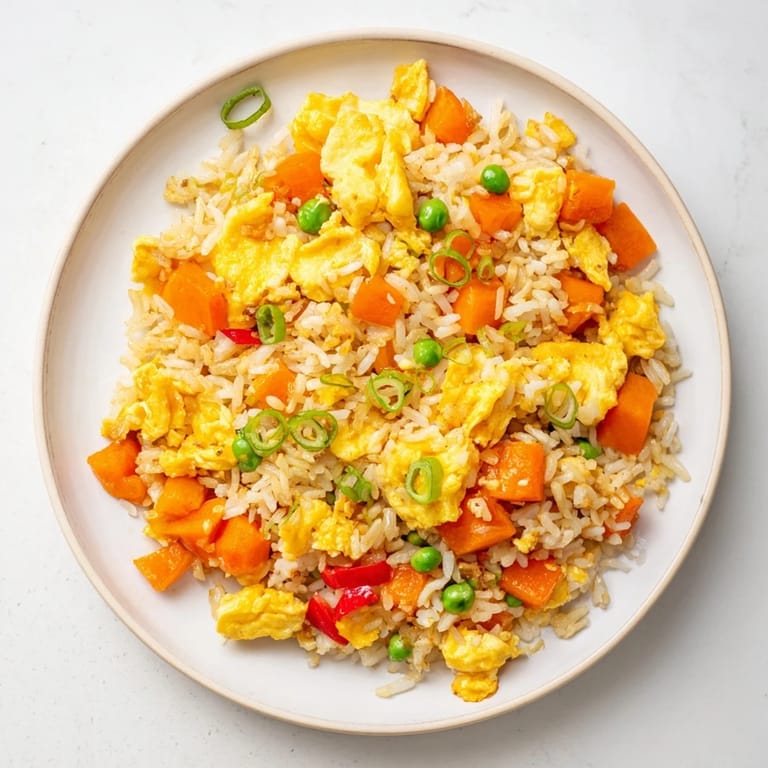 Easy homemade classic Egg Fried Rice with crispy rice bits, fresh scallions, and a side of chopsticks.