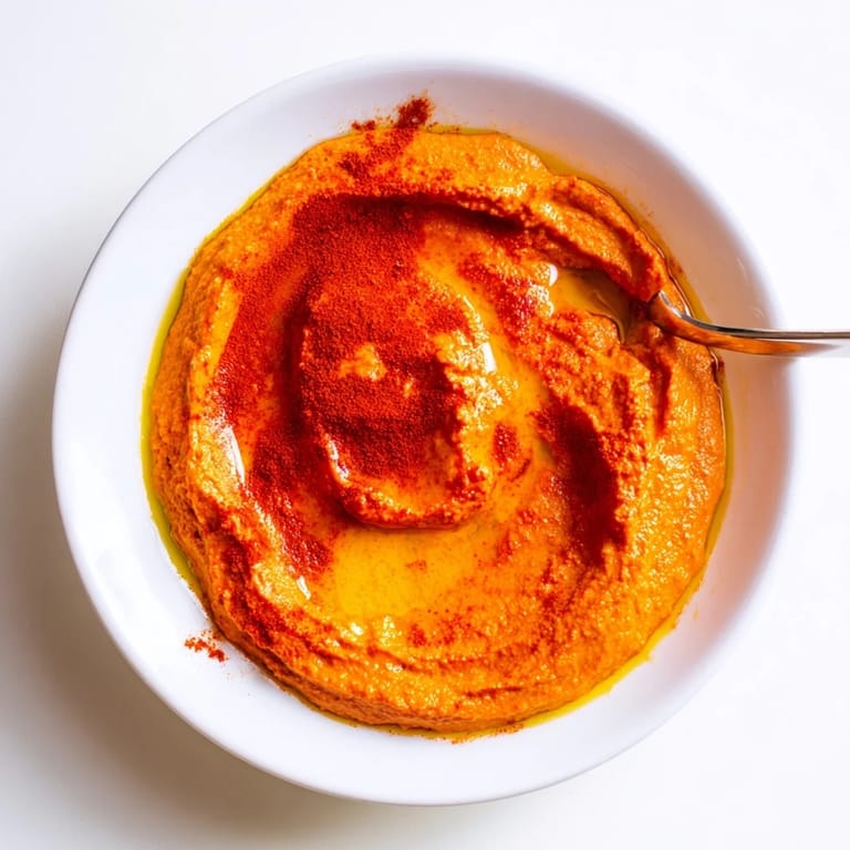 Creamy Roasted Red Pepper Hummus dip served with fresh pita chips and vegetables.
