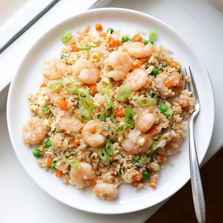 A close-up of Shrimp Garlic Fried Rice garnished with fresh green onions and lime wedges, highlighting the tender pink shrimp and perfectly separated grains.