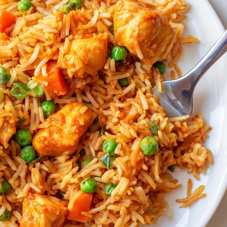 Golden fried rice tossed in a wok with savory butter chicken sauce, fresh herbs, and colorful veggies for a family-style meal.
