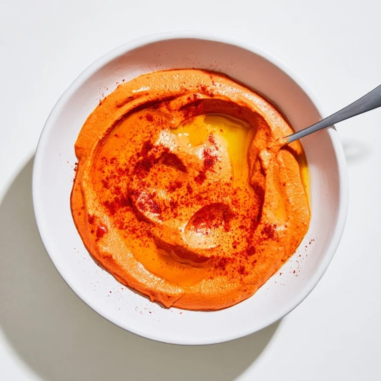 Homemade Roasted Red Pepper Hummus spread in a white bowl with a drizzle of olive oil.