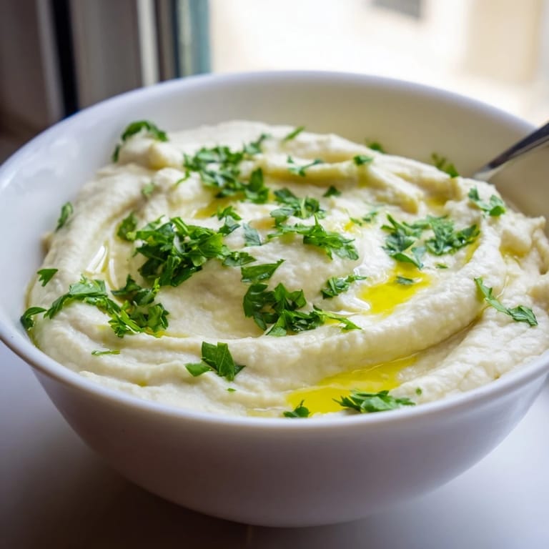 Bright, appetizing photo of White Bean Dip garnished with herbs, ready for dipping with colorful vegetable sticks and warm pita bread.