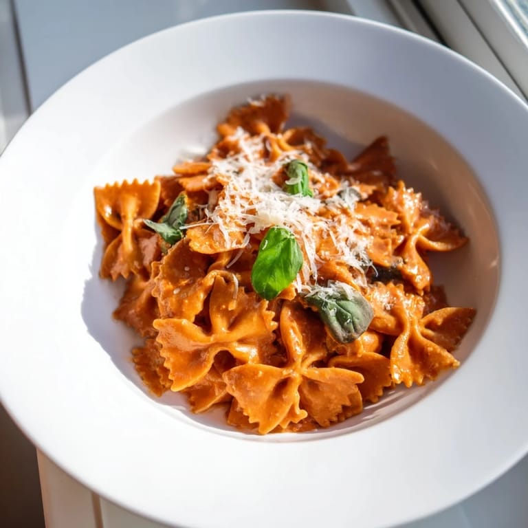 A close-up of Tomato Basil Bowtie Pasta showcases the rich sauce clinging to the bowties, with a sprinkle of fresh basil and Parmesan ready to serve.