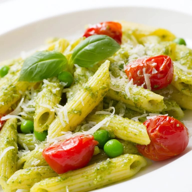 Perfect for summer picnics, this chilled Green Pesto Pasta Salad is plated beside lemon wedges and garnished with torn basil leaves.