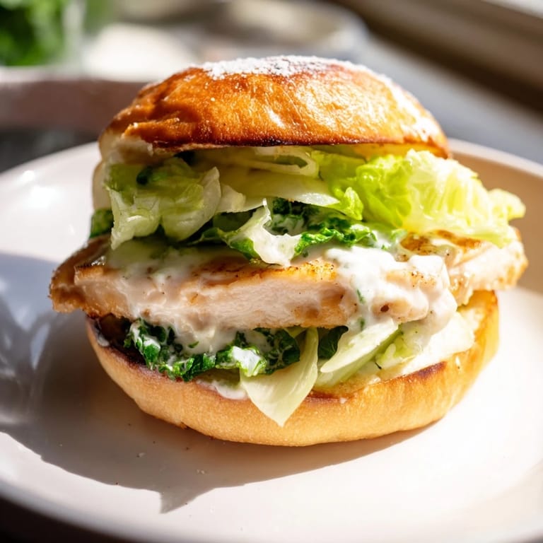 A close-up of a Caesar Chicken Sandwich, layered with Parmesan cheese and ready to serve with potato chips.  