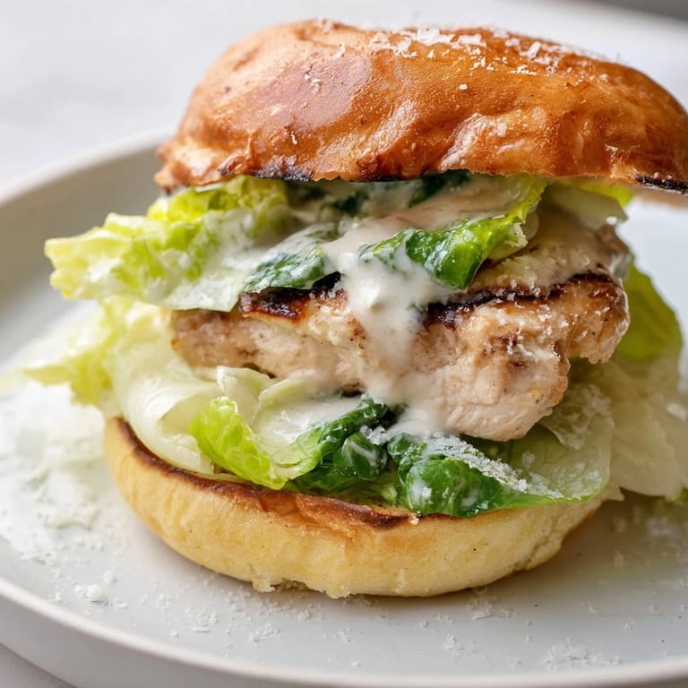 Juicy grilled Caesar Chicken Sandwich on a plate with a side of fresh romaine and a drizzle of dressing.