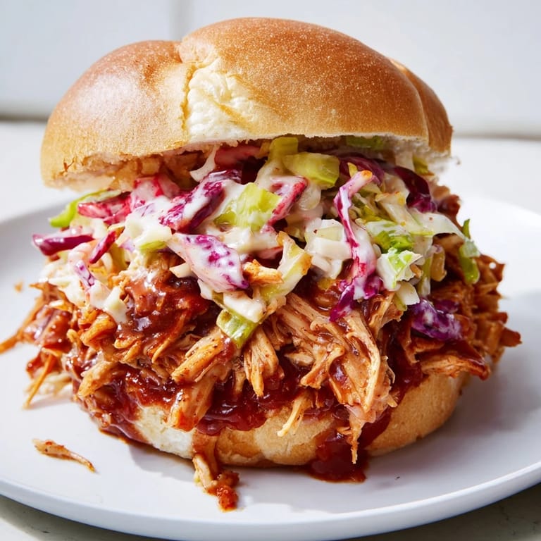 Hearty pulled barbecue chicken sandwich piled high with crunchy, tangy slaw on a buttery brioche bun.
