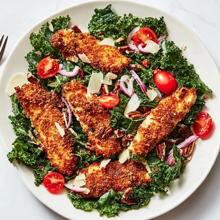 Enjoy a light dinner of warm Crispy Chicken Kale Salad with shaved Parmesan and a sweet-savory dressing drizzled over vibrant greens.