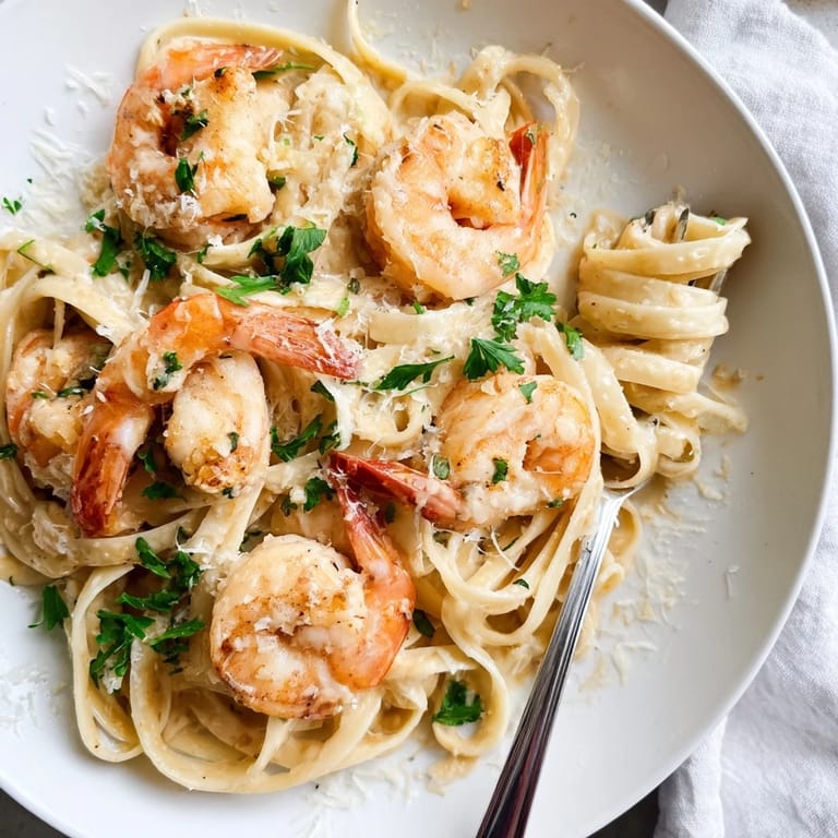 Steaming Creamy Garlic Shrimp Pasta in a skillet, showcasing plump shrimp coated in rich garlic cream sauce.