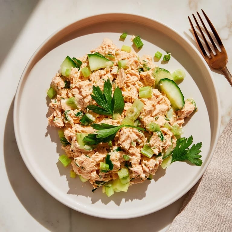 Classic deli-style Spicy Zesty Tuna Salad piled high on toasted bread, ready to eat with a side of chips.