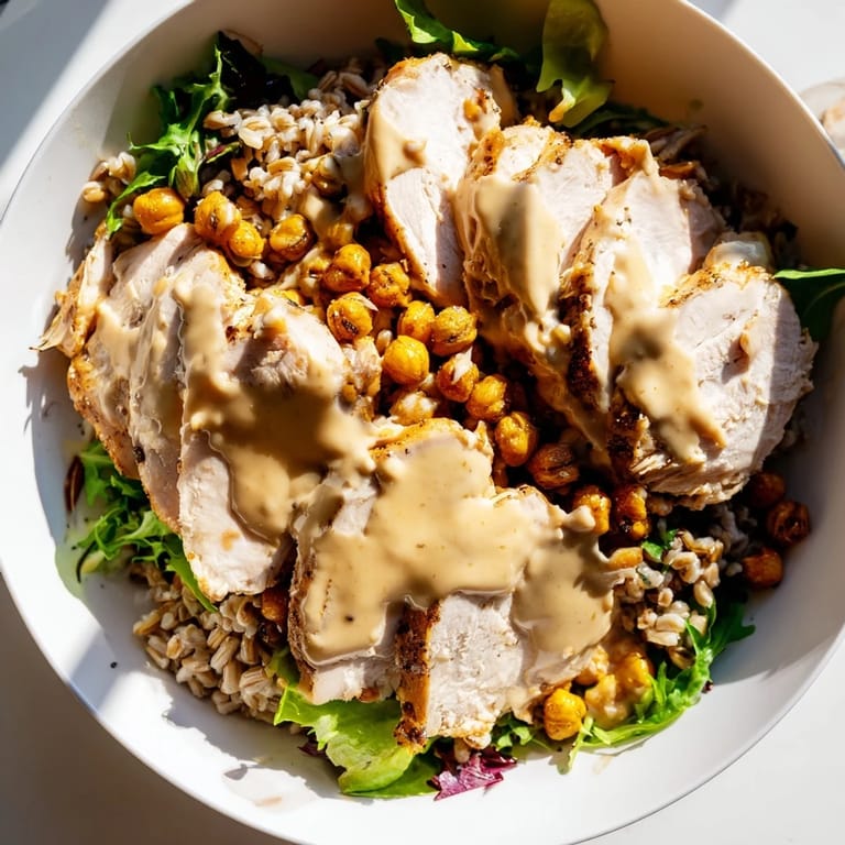 An overhead view of a nourishing Lemon Tahini Chicken Power Bowl with diced cucumber and thinly sliced red onion.
