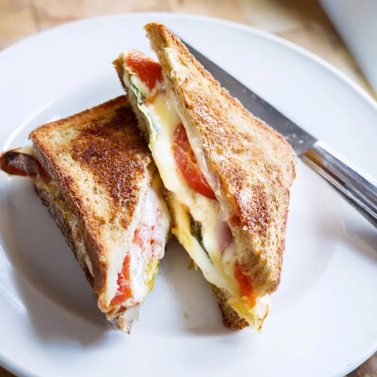 A close-up of Roasted Veggie Caprese Grilled Cheese stacked high with fresh tomatoes and basil leaves.