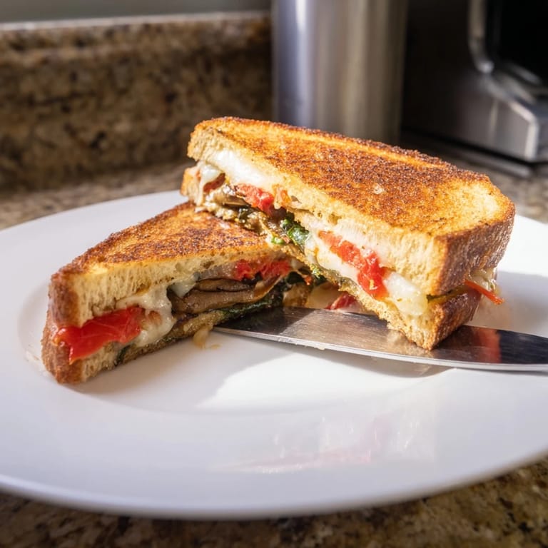 Sizzling Roasted Veggie Caprese Grilled Cheese on a skillet, revealing layers of colorful roasted vegetables and cheese.