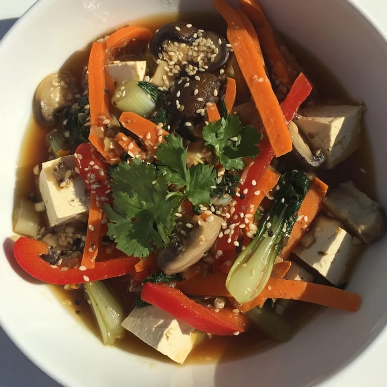 Tofu and Vegetable Soup showcases tender bok choy, crisp peppers, and fresh ginger in a warm, comforting bowl.