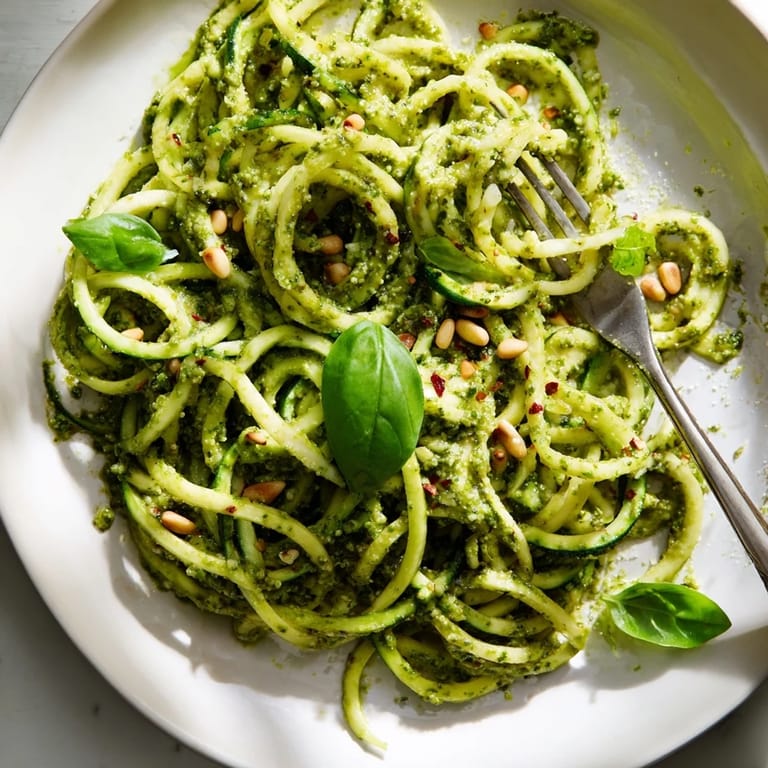 Low-carb zucchini noodles with pesto and red pepper flakes, presented on a plate for a delicious vegetarian main dish.