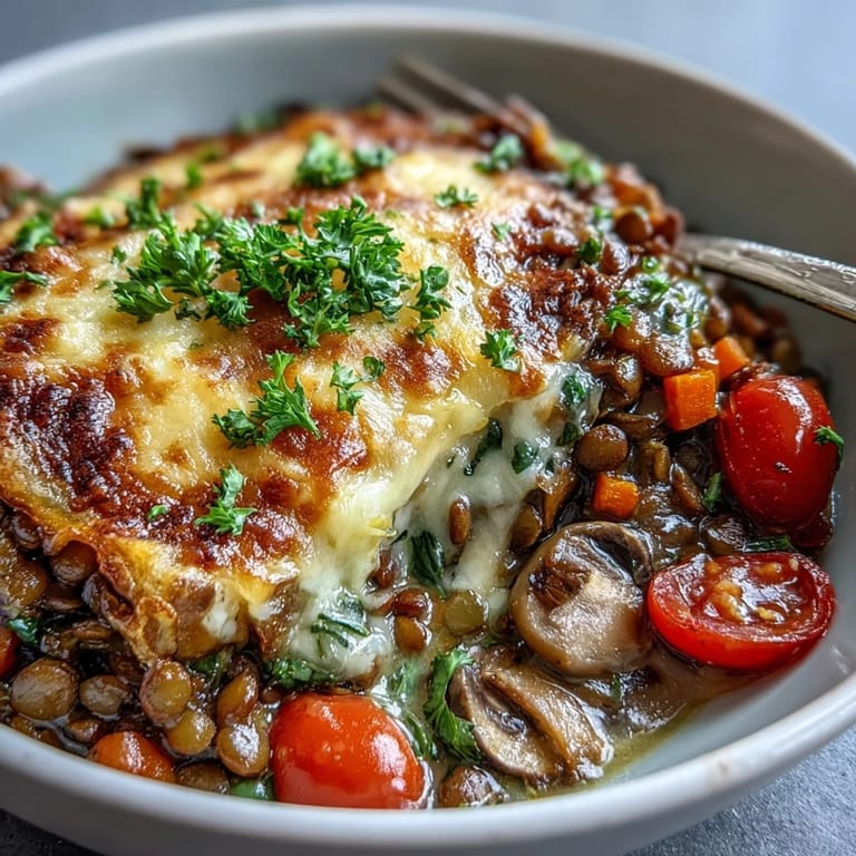 Hearty, veggie-packed Green Lentil and Vegetable Casserole, ready to serve.