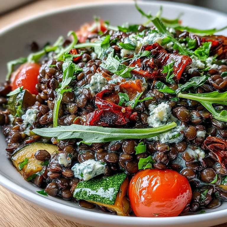 Colorful Black Lentil Salad with Roasted Vegetables in a white bowl, garnished with fresh parsley and crumbled feta cheese.