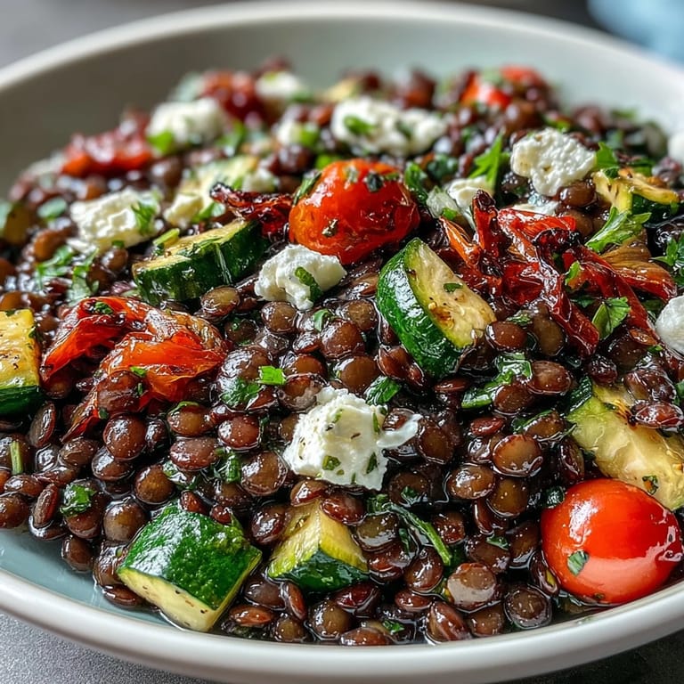 Healthy Black Lentil Salad with Roasted Vegetables served over a bed of arugula, perfect for a light Mediterranean dinner.