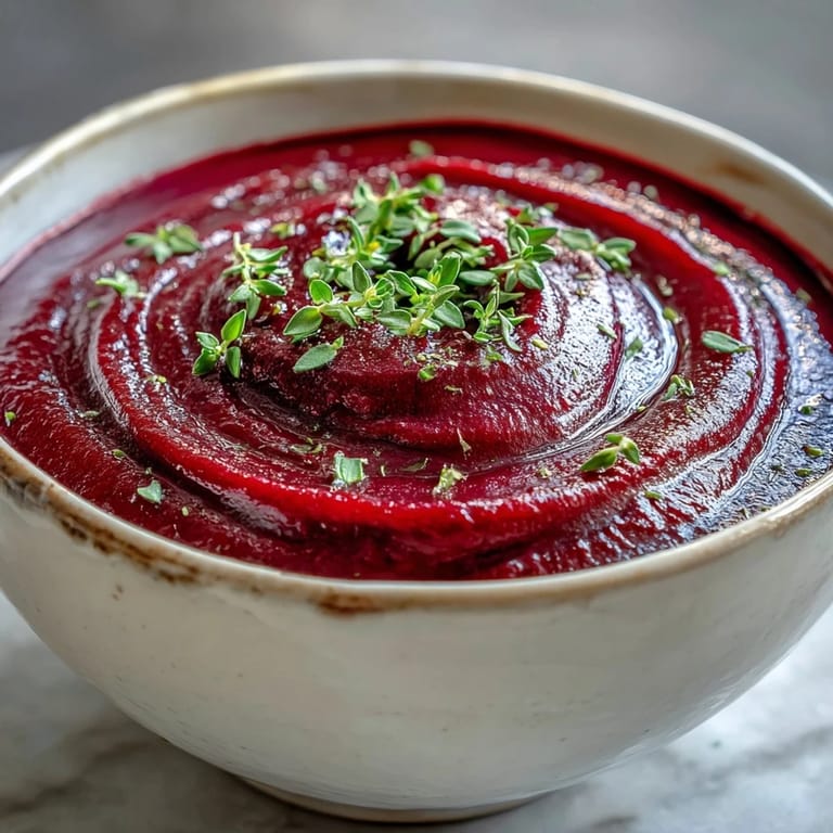 Vibrant roasted beet soup in a white bowl topped with a drizzle of cream and thyme leaves.
