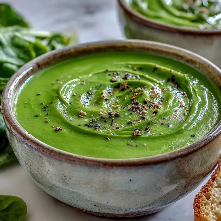 Hearty Spinach Soup in a white bowl, garnished with yogurt and fresh spinach leaves.