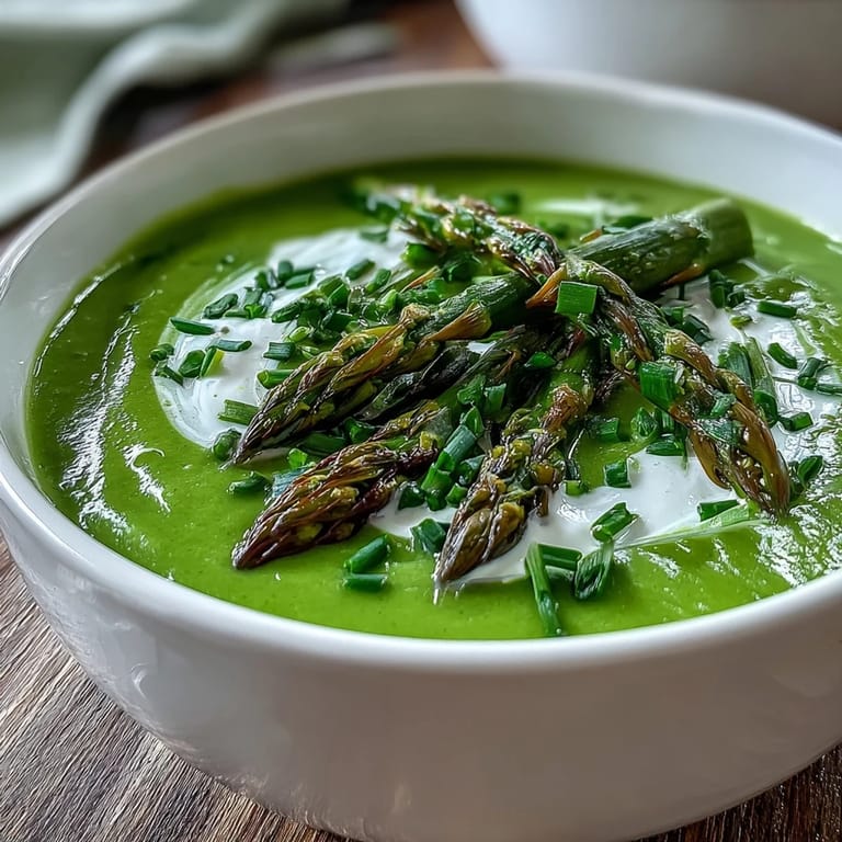 Velvety cream swirls through pureed asparagus soup, served warm with bright, spring-forward garnishes.