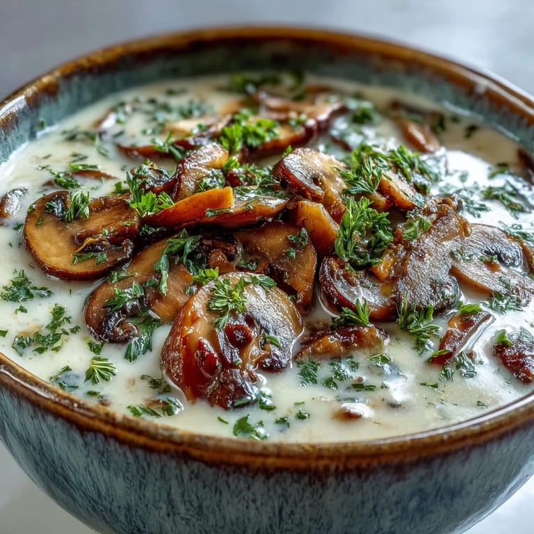 Steaming pot of homemade mushroom soup with crusty bread on the side.