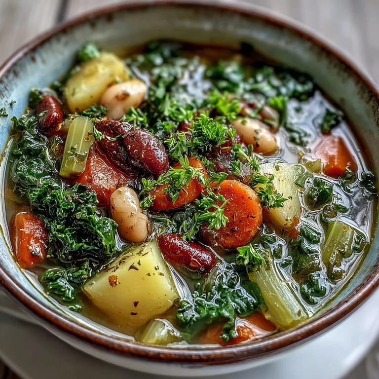 This hearty Kale Soup features vibrant green kale and diced potatoes in a savory vegetable broth.