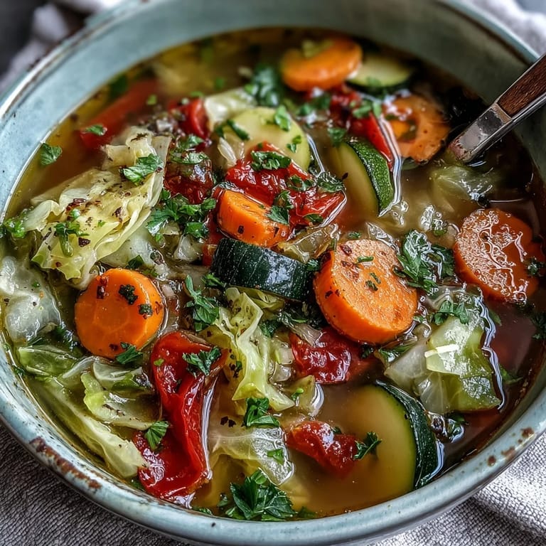 Hearty vegan Cabbage Soup steaming in a rustic bowl, filled with colorful diced bell peppers and zucchini.