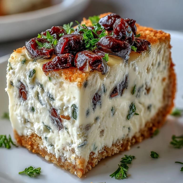 Close-up of a slice of Kalamata Cheesecake Appetizer revealing creamy filling with chopped olives and herbs on a rustic plate.