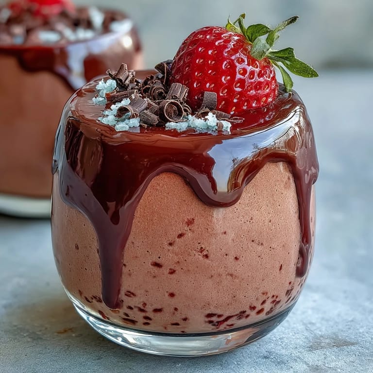 Decadent Chocolate-Covered Strawberry Mousse served with whipped cream and strawberry halves for a special treat.