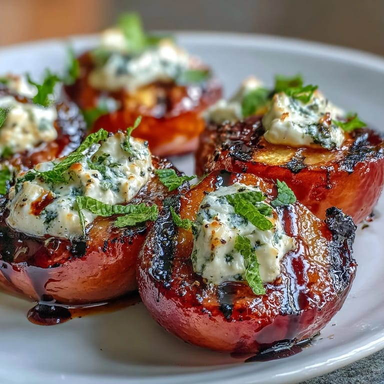 Warm grilled plums topped with creamy goat cheese and fresh mint.