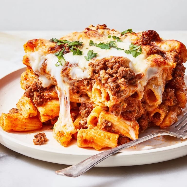 Deliciously baked ziti with savory meat sauce and bubbly cheese, perfect for dinner.  