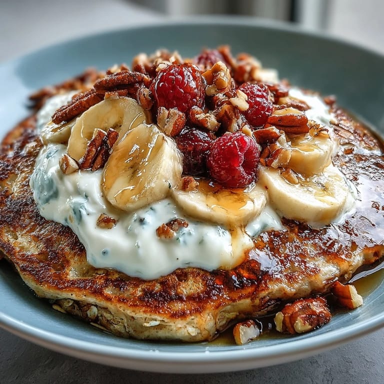 Enjoy this satisfying high-protein breakfast bowl, featuring fluffy pancakes layered with nutty crunch and sweet honey drizzle for a perfect morning feast.