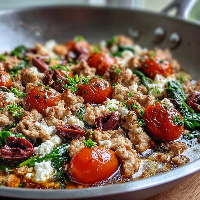 In a large skillet, Mediterranean Keto Ground Chicken Skillet with Olives and Feta is tossed with briny Kalamata olives and wilted baby spinach.