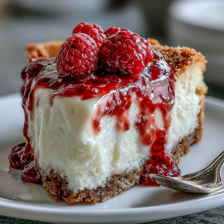 Decadent Indulgent White Chocolate Raspberry Cheesecake Bliss sits on a white plate, garnished with fresh raspberries for a bright pop of color. 