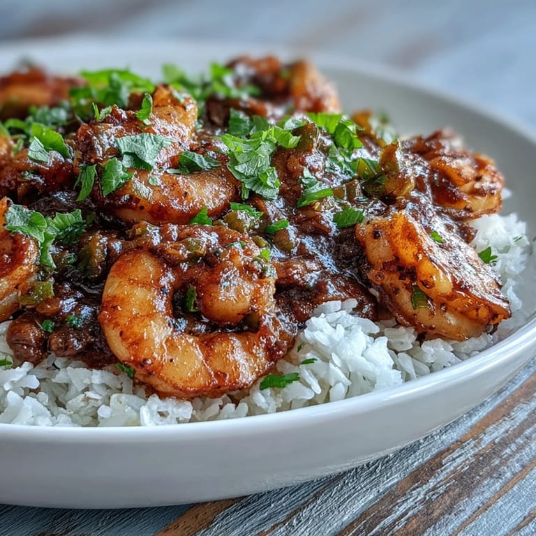 A close-up of Classic New Orleans Étouffée featuring plump shrimp in a dark roux sauce.