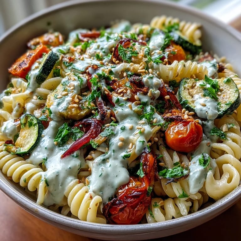 A hearty Chickpea pasta bowl piled high with caramelized veggies and drizzled with tangy tahini sauce for a plant-based meal. 