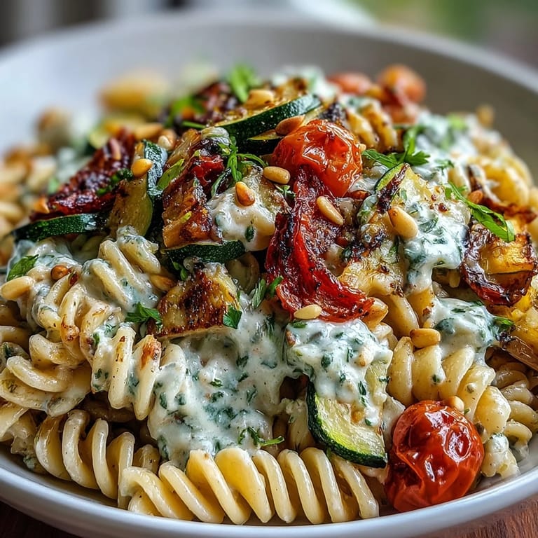 Nutty whole wheat penne and creamy vegetarian sauce feature roasted red onions and herbs, garnished with fresh parsley and Parmesan for a hearty American dinner.