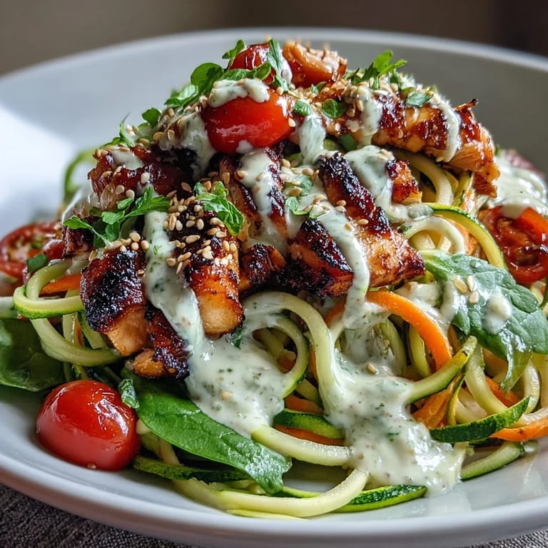 A nourishing spiralized vegetable bowl featuring tender zucchini noodles, roasted sweet potato, and sautéed spinach, crowned with juicy grilled chicken and a lemony tahini drizzle.