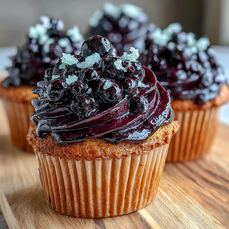 Twelve tender olive oil cupcakes with vibrant black currant frosting, garnished with lemon zest on a rustic serving platter.