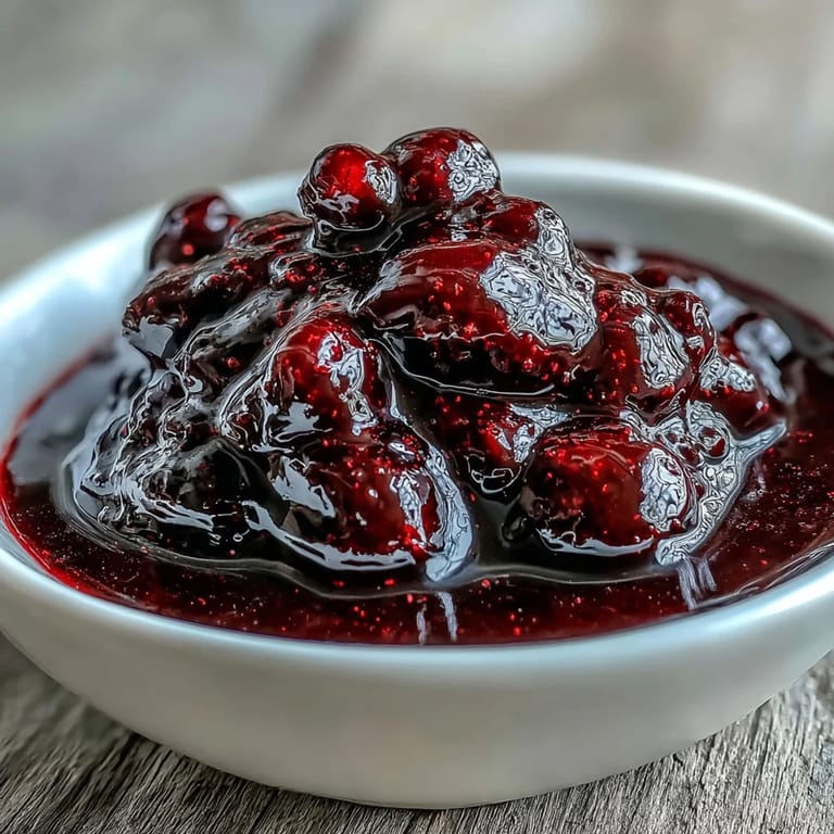 Shiny Black Currant Reduction sauce in a small white bowl, placed beside sliced pork tenderloin and red wine on a rustic table.