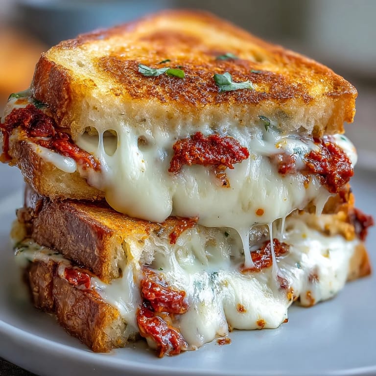 Buttery grilled cheese sandwich with Sun-Dried Tomato Pesto sliced in half, ready to serve.