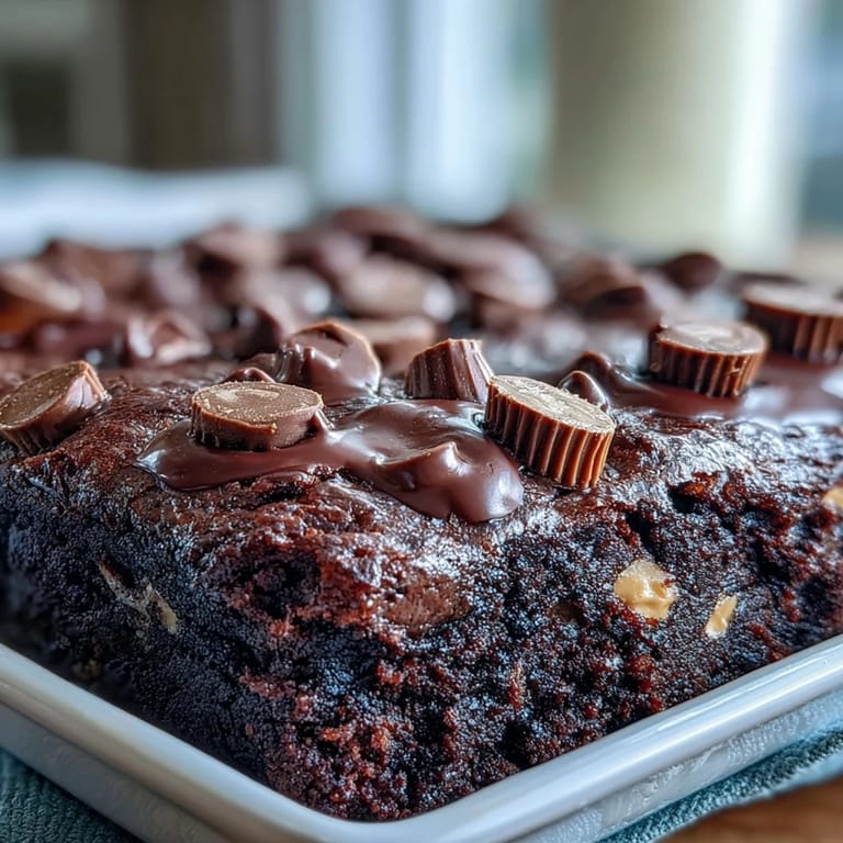 Easy homemade Rich Peanut Butter Cup Dump Cake with chocolate chips and creamy peanut butter layers.