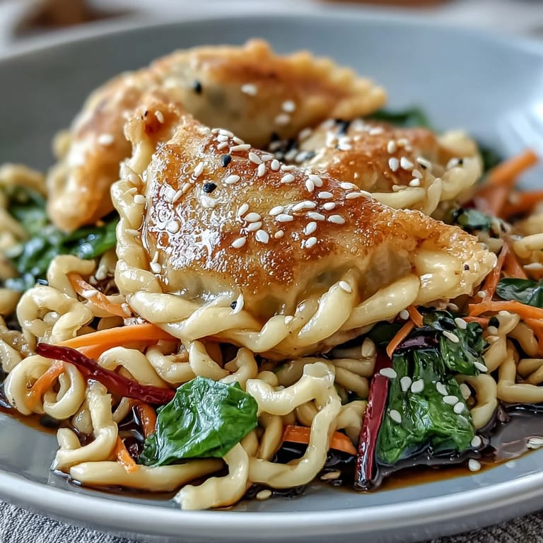 Glossy garlic soy sauce coats every noodle and steaming potsticker for a quick one-pan dinner.