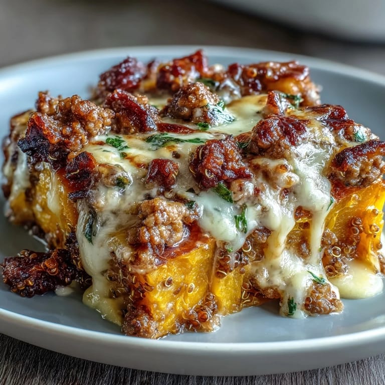 A scoop of Cozy Butternut Squash & Sausage Casserole revealing layers of sausage and quinoa.