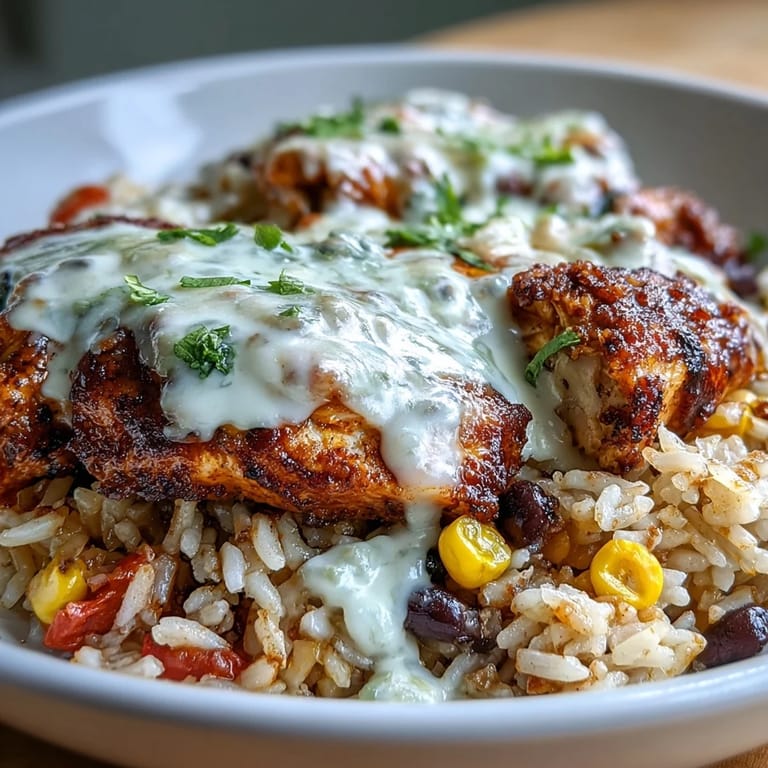 Golden queso drizzles over baked Pollo Loco chicken nestled with corn, black beans, and tomatoes.